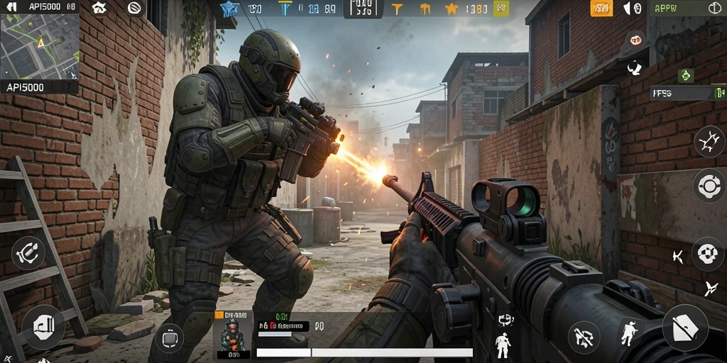 Tampilan gameplay mendebarkan dari API5000 di dalam pertempuran FPS.
