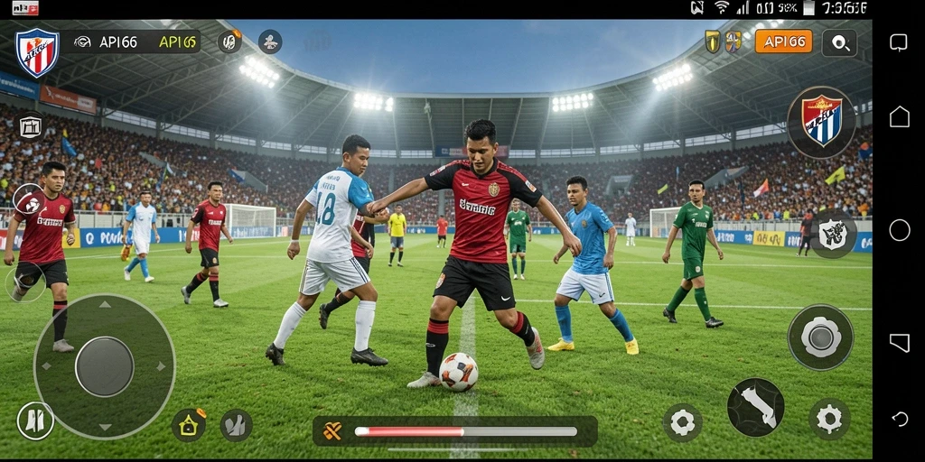 Tampilan gameplay yang mendebarkan dalam API66 dengan aksi sepak bola nyata.