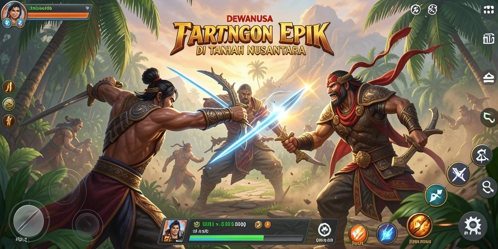Screenshot gameplay DEWANUSA menampilkan pertarungan seru dengan karakter dan efek visual yang menakjubkan.