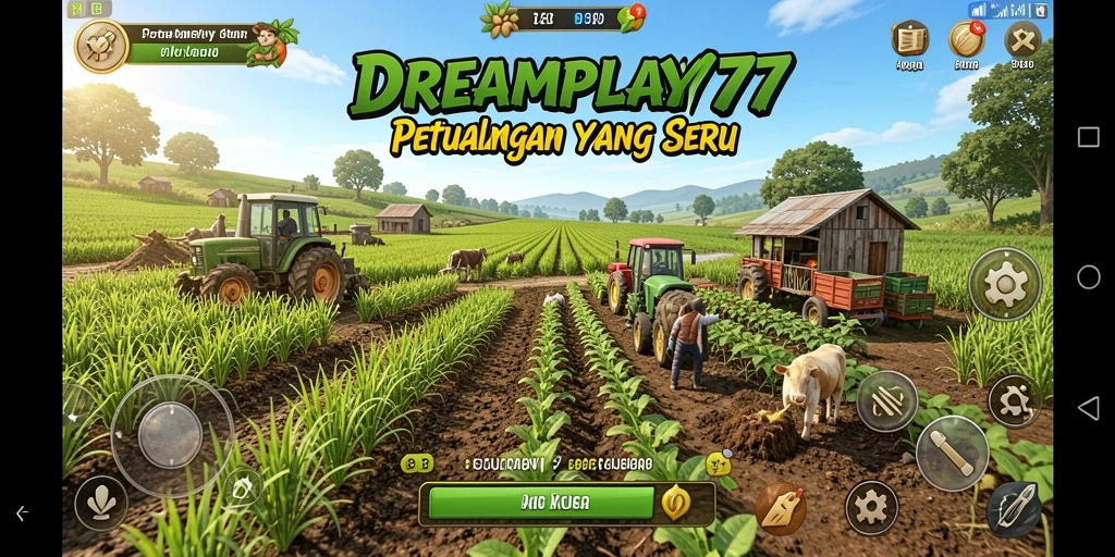 Tampilan menarik game pertanian dengan berbagai tanaman dan hewan.