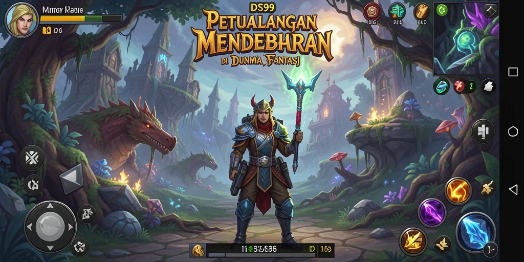 Screenshot gameplay petualangan mendebarkan DS99 yang menampilkan aksi di dunia fantasi.