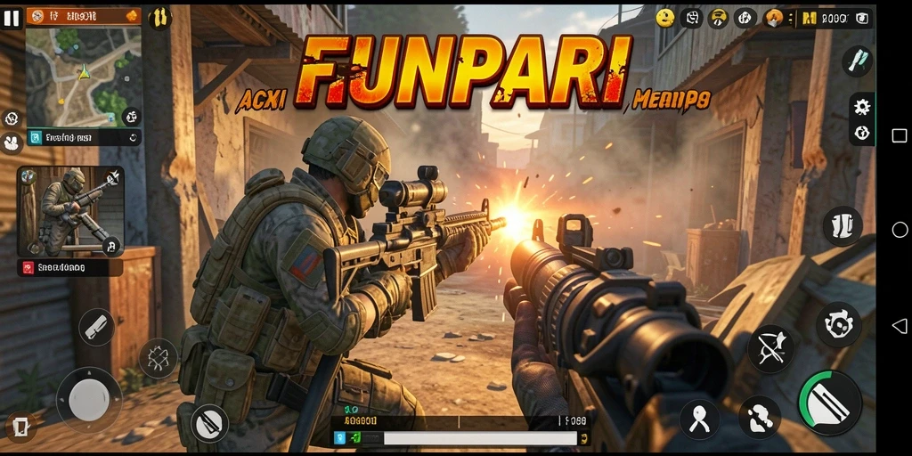 Screenshot menampilkan aksi intens di dalam gameplay TPS FUNPARI.