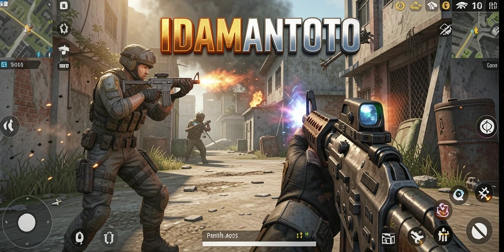 Tampilan gameplay mendebarkan dari IDAMANTOTO dalam pertempuran FPS.