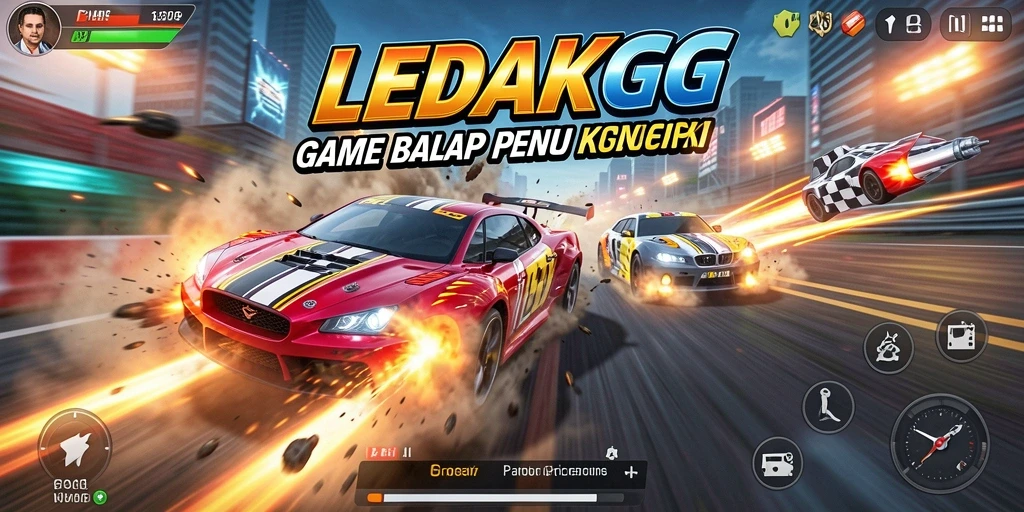 Screenshot gameplay LEDAKGG yang menampilkan balapan seru di trek.