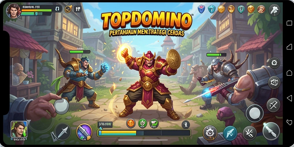 Tangkapan layar gameplay TOPDOMINO menampilkan pertempuran Tower Defense yang seru.
